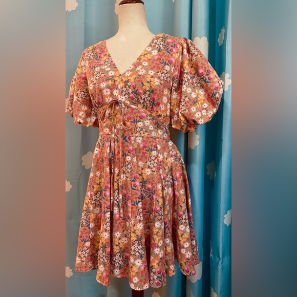 Fate bubble puff sleeve boho floral dress, underbust tie bow- S - Picture 6 of 10